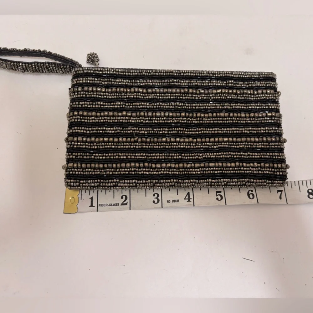 Black silver Beaded mini clutch‎ small purse wristlet striped evening retro